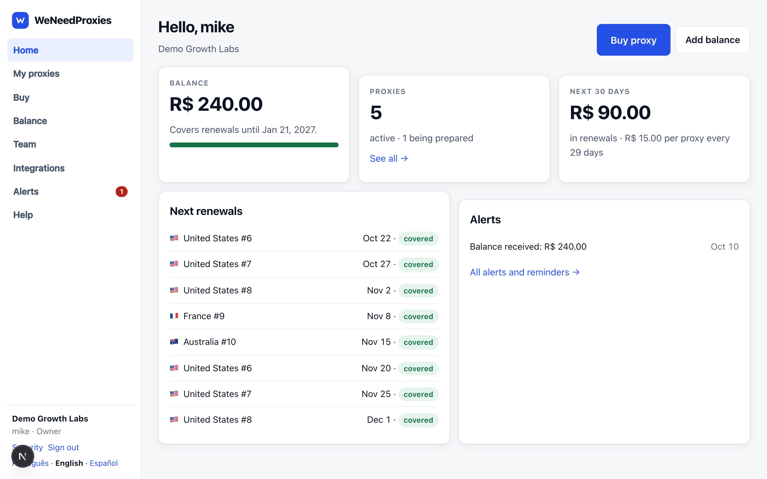 The dashboard home: balance, covered until, upcoming renewals and alerts